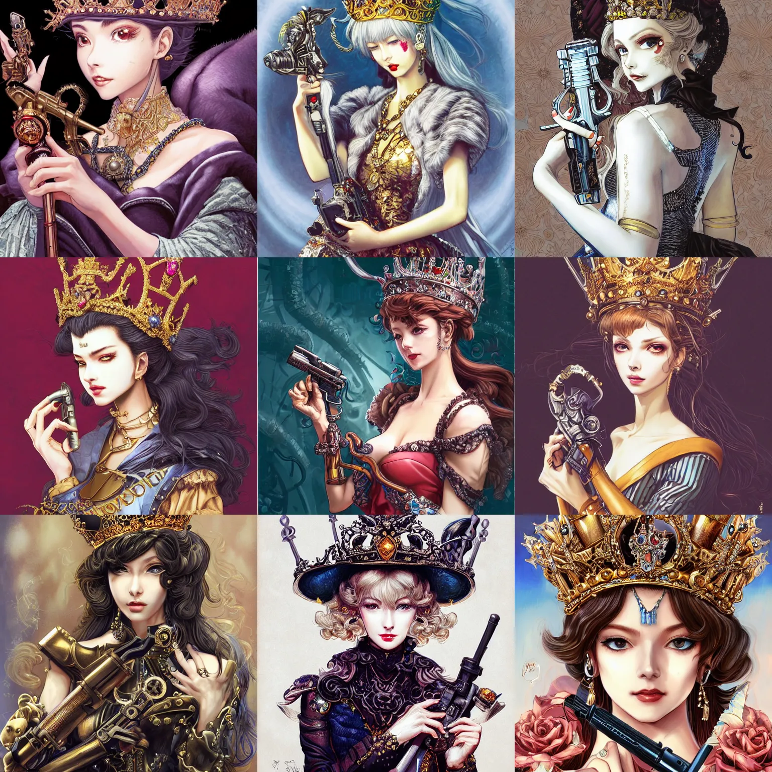 Prompt: potrait of a beautiful cute queen wearing a luxurious crown is holding a luxurious revolver in her hand, face is highly detailed, by masamune shirow, ayami kojima, josan gonzalez, yoshitaka amano, dan mumford, barclay shaw