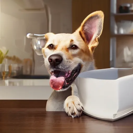 Prompt: a happy dog doing the dishes, very detailed and sharp photorealistic image