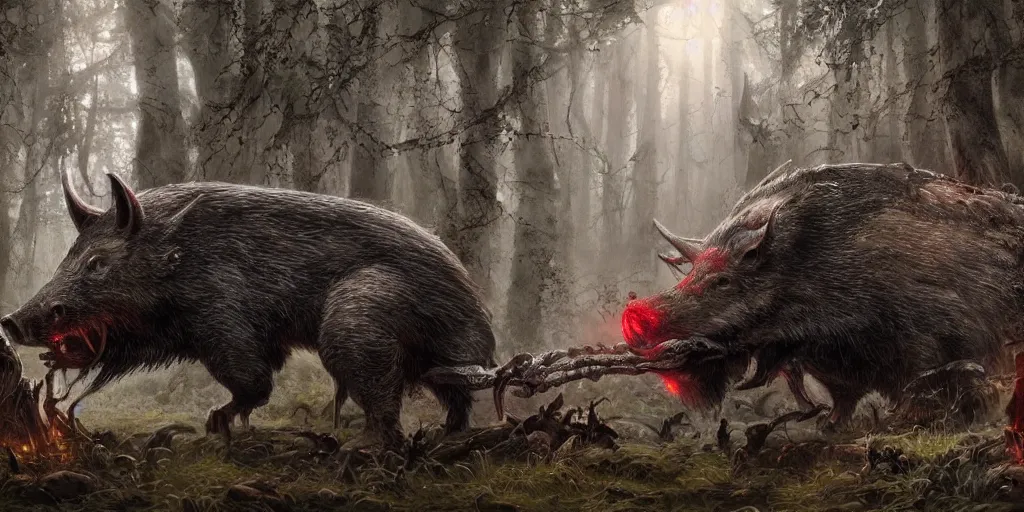 Image similar to giant monstrous wild boar with red eyes and many tusks, in dark woods, dim colors, forest, highly detailed illustration, masterpiece, fantasy, magical, hyperdetailed, realistic, witch fairytale, 4 k, 8 k, highly detailed matte painting, dungeons and dragons