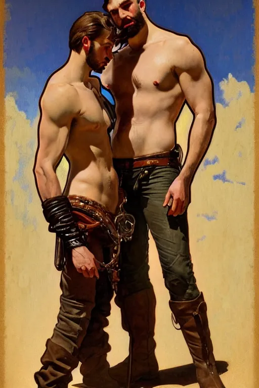 Prompt: a homoerotic painting, greg rutkowski, alphonse mucha j. c. leyendecker of two attractive hairy cowboy gunslingers in love standing back to back | bandoliers, shirtless, leather clothing | natural lighting, path traced, highly detailed, high quality, digital painting | by tom of finland, bill ward | trending on artstation