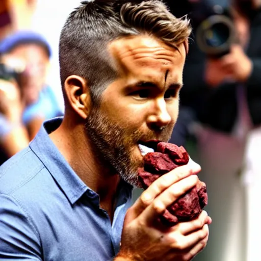Prompt: photo of ryan reynolds eating a boulder, highly detailed, extremely high quality, hd, 4 k, 8 k, professional photographer, 4 0 mp, lifelike, top - rated, award winning, realistic, detailed lighting, detailed shadows, sharp, no blur, edited, corrected, trending