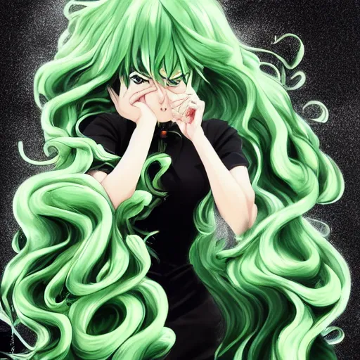 Image similar to tatsumaki from one punch man, green wavy hair, black dress, fine details, sharp focus, intricate, realistic shaded perfect face, by cushart krenz, by makoto shinkai, by wlop, by artgerm
