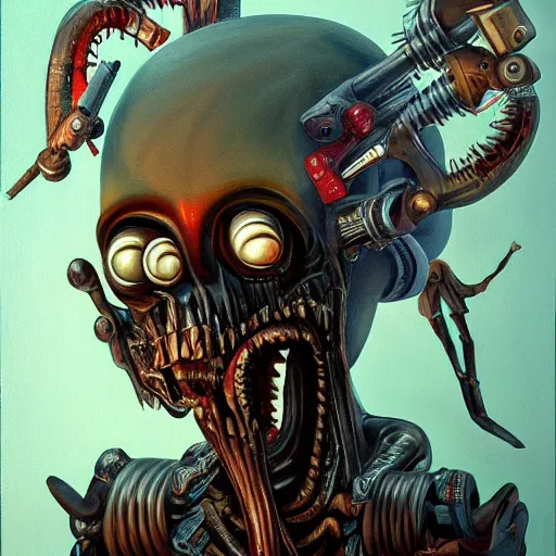 Prompt: beautiful painting of the king of forgotten toys with a creepy smile, surrounded by nightmarish broken toys in the style of Welder Wings and H. R. Giger. Dark background, detailed, trending on Artstation