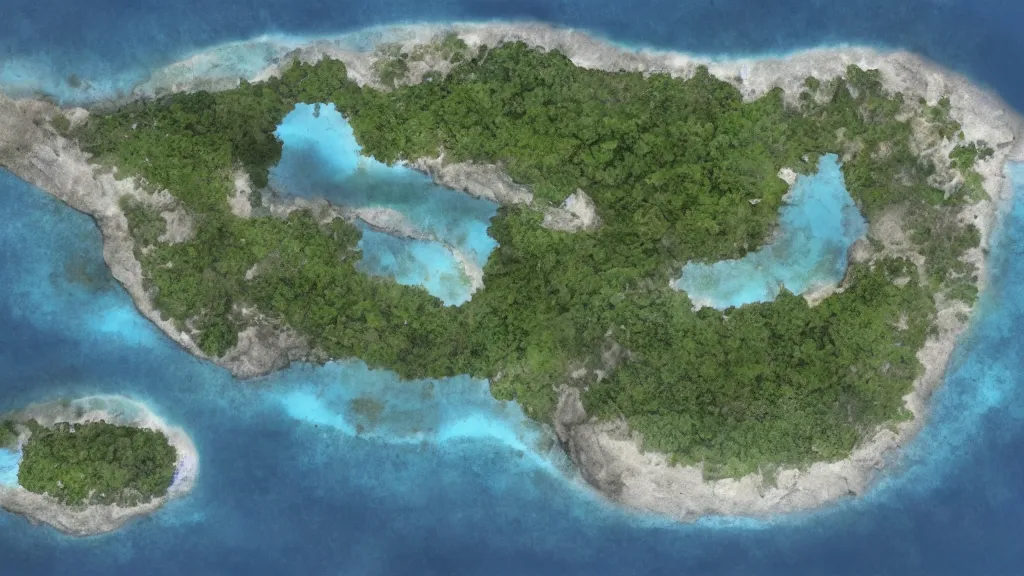 Image similar to Long forgotten island that once hosted a great civilization now gone, Tropical Island, matte painting, concept art, top down view