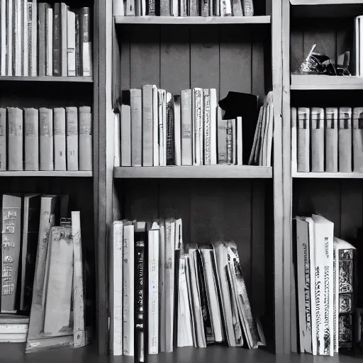 Prompt: Undeveloped image by Nirav Patel midnight crypt with black bookshelves. Darkness collection.