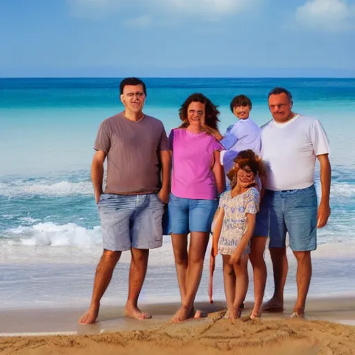 Prompt: a happy family group of people standing on top of a sandy beach, a stock photo by demetrios farmakopoulos, shutterstock contest winner, verdadism, stockphoto, stock photo, photo taken with ektachrome, realistic shaded perfect face, realistic shaded lighting, 8 k ultra realistic