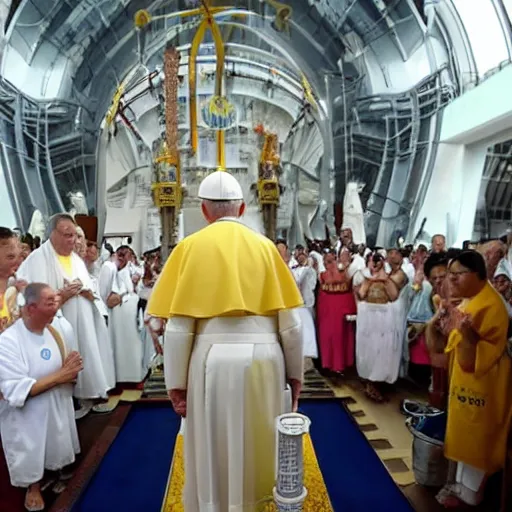 Prompt: pope francis baptizing a minion in a buddhist pagoda nuclear power plant