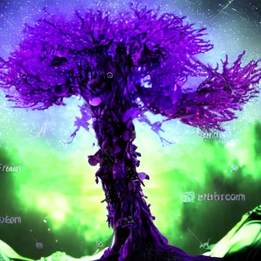 Prompt: a crazy alien tree with purple leaves and glowing green crystal fruit, cinematic, realistic