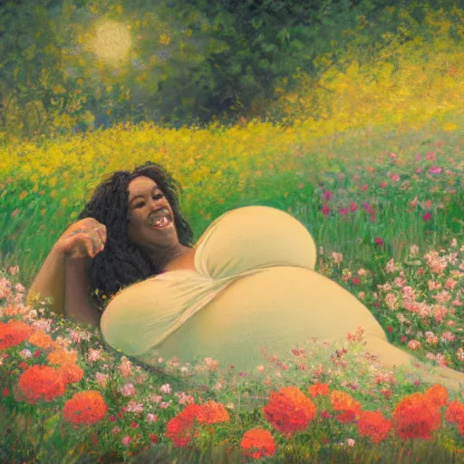 Image similar to pregnant black woman with curly hair in a vast field of flowers, laying down, a tiny black puppy running around, golden hour, vintage, impressionist painting, fine art, oil painting, dreamy, pastel, laughing, happy, intricate details, sharp, peaceful, serene