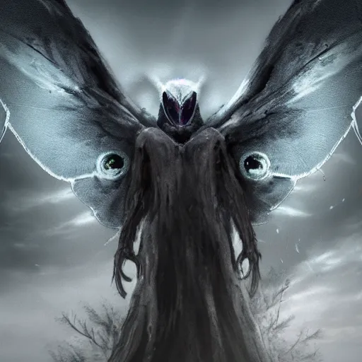 Image similar to mothman glowing eyes misty atmospheric ominous perspective