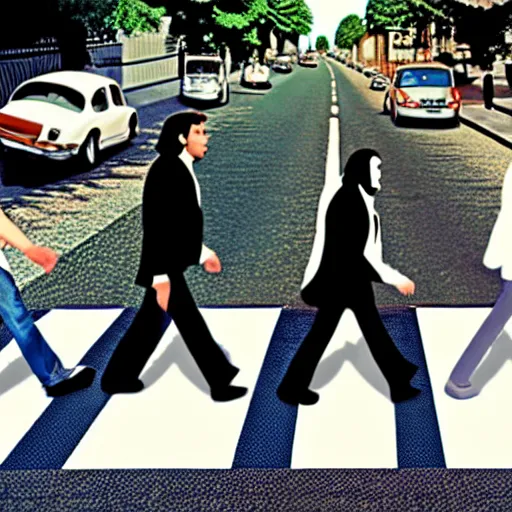 Image similar to 4 men walking on crosswalk on abbey road, city, digital art, 8 k.