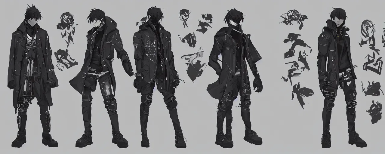 Prompt: a male anime cyberpunk hero protagonist wearing a heavy jacket and heavy black boots, character concept exploration, outfit designs, trending on artstation; clear silhouette, strong design