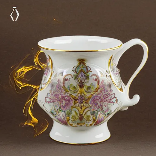 Prompt: The perfect tea mug, artsy baroque architectural design,