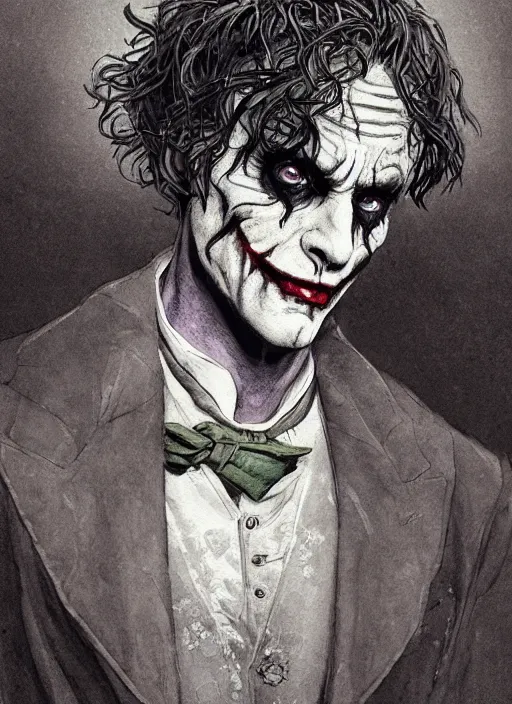 Image similar to portrait, Victorian Era Joker, watercolor, dramatic lighting, cinematic, establishing shot, extremly high detail, foto realistic, cinematic lighting, pen and ink, intricate line drawings, by Yoshitaka Amano, Ruan Jia, Kentaro Miura, Artgerm, post processed, concept art, artstation, matte painting, style by eddie mendoza, raphael lacoste, alex ross