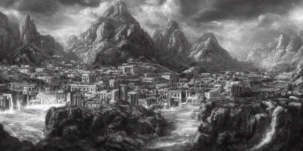 Prompt: a highly detailed matte painting of beautiful greco roman city in mountains by waterfall, grayscale, featured on artstation