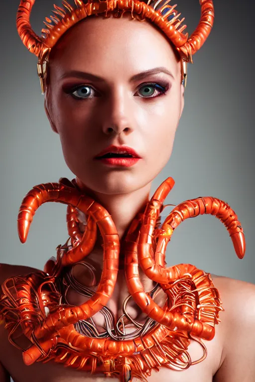 Image similar to beautifull cyberpunk woman model, wearing organic coral outfit, gold tendrils, luxury materials, symmetrical, cinematic, elegant, professional studio light, real dlsr photography, sharp focus, 4 k, ultra hd, sense of awe, high fashion