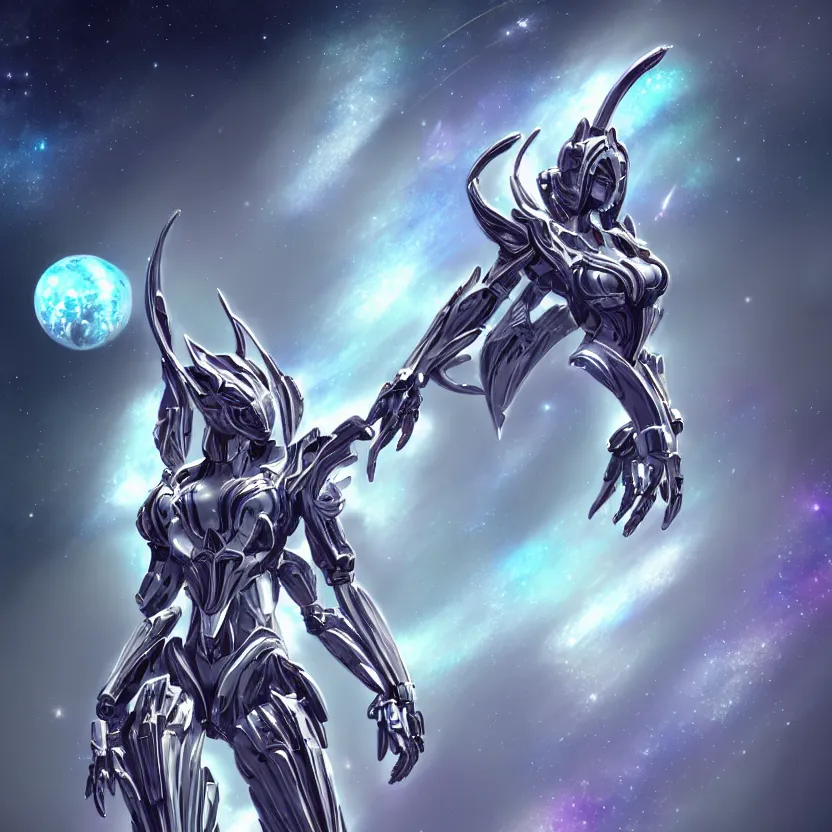 Prompt: goddess shot, galactic sized stunning beautiful anthropomorphic robot mecha female dragon, in space, larger than planets, posing elegantly, the earth a mere marble in her claws, detailed silver armor, epic proportions, epic scale, detailed digital art, ultra detailed, furry art, macro art, dragon art, giantess, warframe fanart, furaffinity, deviantart, realistic