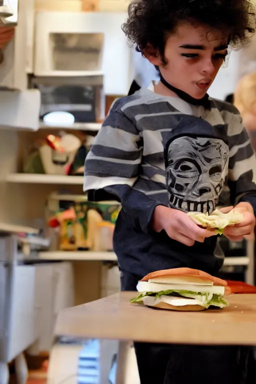 Image similar to a schoolboy in a Guy Fawkes mask makes sandwiches on the kitchen table