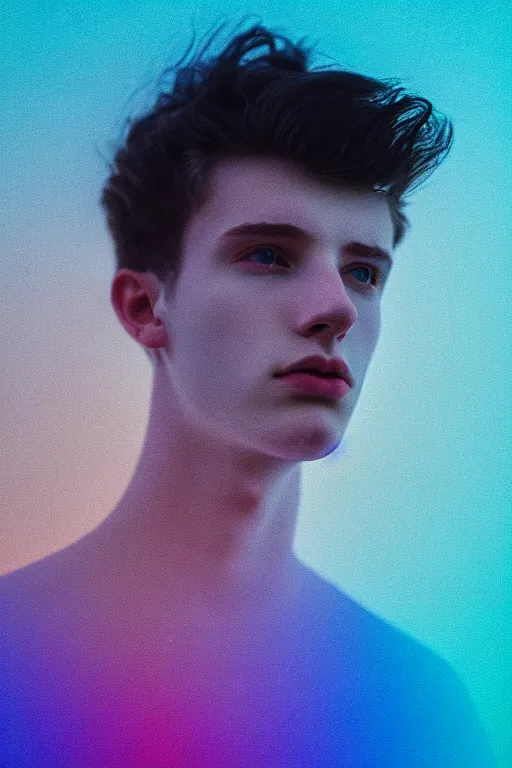 Image similar to high quality pastel coloured film mid angle selfie photograph of a beautiful young 2 0 year old male, soft features, black hair, standing in an icelandic black rock environment. atmospheric. three point light. photographic. art directed. ( pastel colours ). volumetric light. sheen. waves glitch. 8 k. filmic.