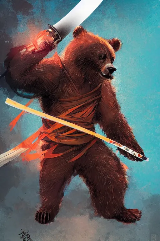 Image similar to professional digital art manga anime rendering of a bear dressed as a ninja fighting with a katana. colorful design. higly detailed, intricate, greg rutkowski, anime manga style, trending on art station.