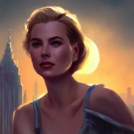 Image similar to a closeup portrait of a grace kelly, dramatic light, city background, sunset, dark, painted by stanley lau, painted by greg rutkowski, painted by stanley artgerm, digital art, trending on artstation