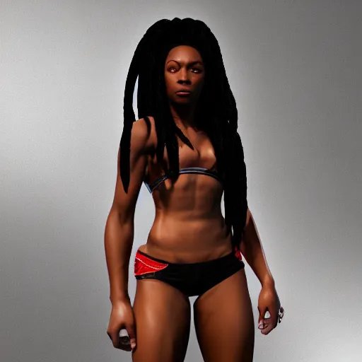 Image similar to 3 d render of a full female body, a very attractive black woman with long dreadlocks, stoic face, chiseled abs, wearing fitness gear, dead or alive 6, tekken 7, rumble roses, thick legs, highly detailed, artstation, super realistic, unreal engine