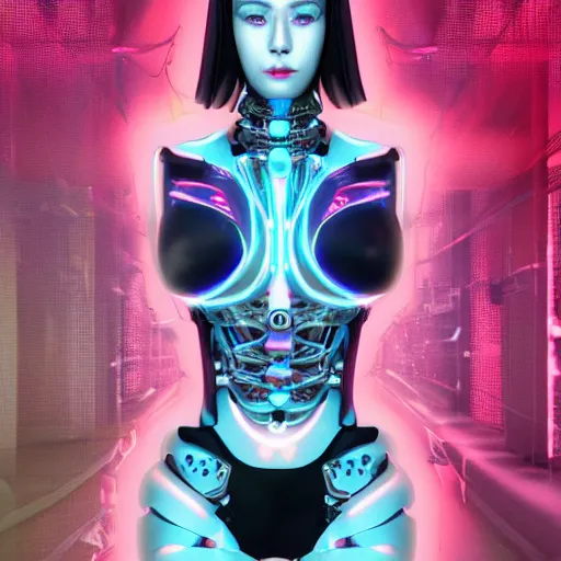 Image similar to an extremely beautiful biomechanical female robot with large emoji tattoos, twins, neon jacuzzi, oppai cyberpunk, chimeric organism, holodeck, pale skin, organic polycarbon, glowing blue eyes, full frontal portrait, highly detailed, transhumanist hydration, symmetrical, priestess, mechanical, mendelbrot fractal, ray tracing, hyperdetailed, hyperrealistic, zdislaw beksinski, trending on artstation, octane render, hdr, uhd 4k