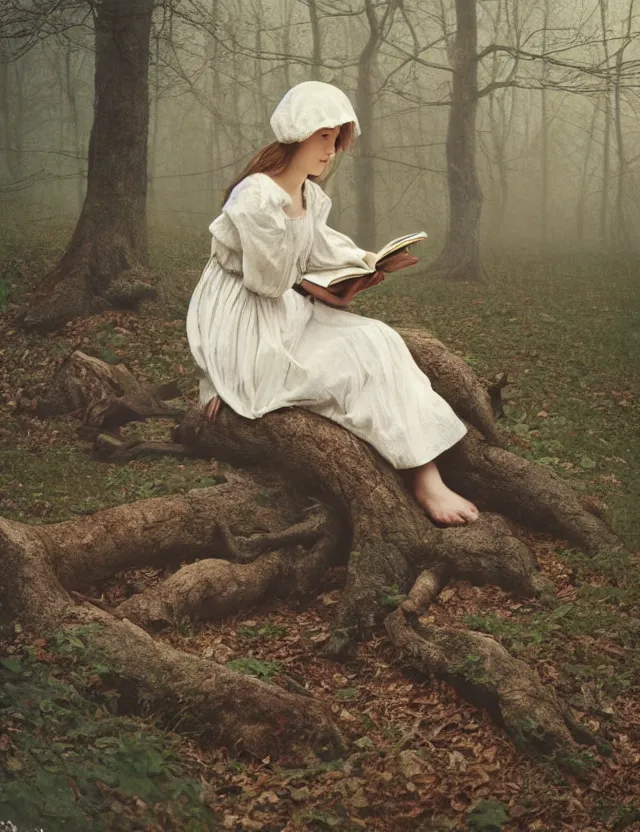 Image similar to peasant Girl in white reading a book sitting on a tree in a foggy forest, Cinematic focus, Polaroid photo, vintage, neutral colors, soft lights, by Steve Hanks, by Serov Valentin, by lisa yuskavage, by Andrei Tarkovsky 8k render, detailed, oil on canvas