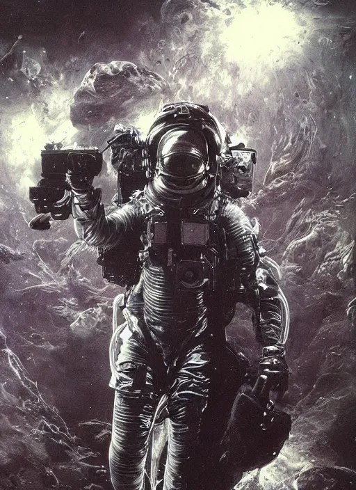 Image similar to astronauts in dark void underwater - complex and hyperdetailed technical suit. reflection and dispersion materials. rays and dispersion of light. volumetric light. f / 3 2. noise film photo. flash photography. ultra realistic, wide angle. poster by wayne barlowe, hajime sorayama aaron horkey, craig mullins