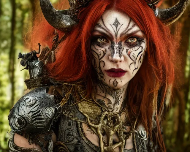 Image similar to 5 5 mm portrait photo of an armored redhead woman warrior with a face tattoo and horns growing from her head, in a magical forest. by luis royo. highly detailed 8 k. intricate. lifelike. soft light. nikon d 8 5 0. cinematic post - processing