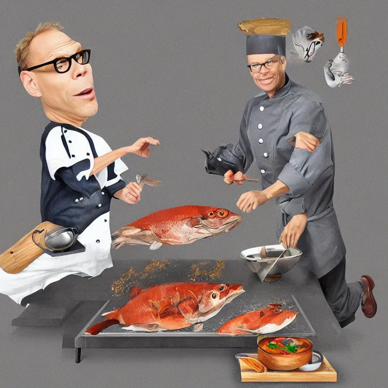 Image similar to “chef Alton Brown and a grey cat cooking a whole fish on iron chef, digital art, hyperdetailed, 8k”