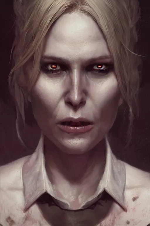 Image similar to a portrait of a scary Harleen Quinzell by Greg Rutkowski, Sung Choi, Mitchell Mohrhauser, Maciej Kuciara, Johnson Ting, Maxim Verehin, Peter Konig, final fantasy , mythical, 8k photorealistic, cinematic lighting, HD, high details, atmospheric,