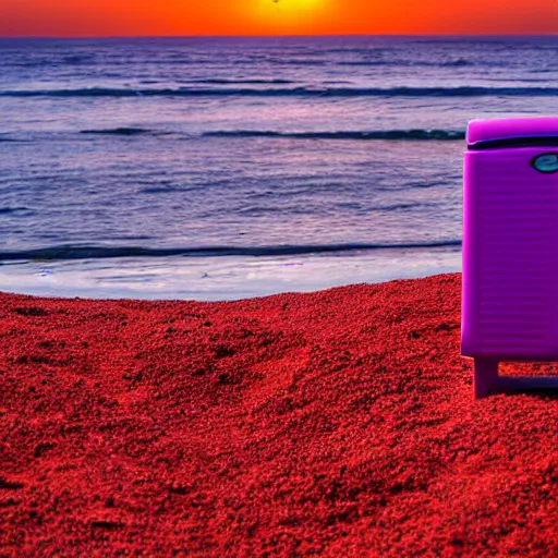 Prompt: purple refrigerator on red sand beach, green ocean and nebula sunset