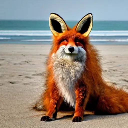 Image similar to a photorealistic adorable fierce furry monster with long fur long floppy rabbit ears chubby body and fox body and wolf legs with thick stubby claws, fox colored fur, grinning at the camera showing sharp teeth, with a mischievous grin, happy lighting, at a tropical beach