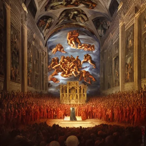 Image similar to the sistine chapel breaks open in half in the ceiling as a red magical portal from hell opens up, lucifer morningstar emerges along with hordes of demons, the priests and the pope look at the scene with terror in their eyes. highly detailed painting by gaston bussiere, greg rutkowski, craig mullins 8 k