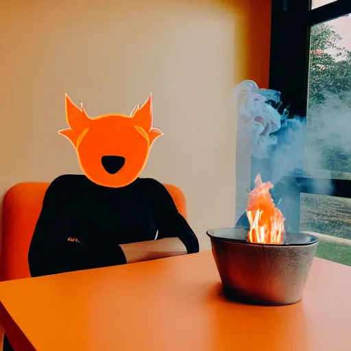 Prompt: a photograph of an orange humanlike dog in his house, sitting relaxed at a table, ☕ on the table, surrounded by flames and fire, smoke above him