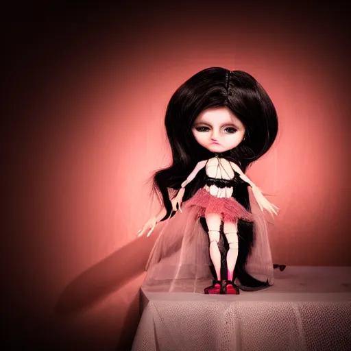 Prompt: adorable vampire themed high end fashion doll and accessories, on a table under a lamp light shining down over it like a spot light, god rays, dust particles, photorealistic, aesthetic shot, worms eye view, macro camera lens, high definition, thematic, cinematic, lens flare