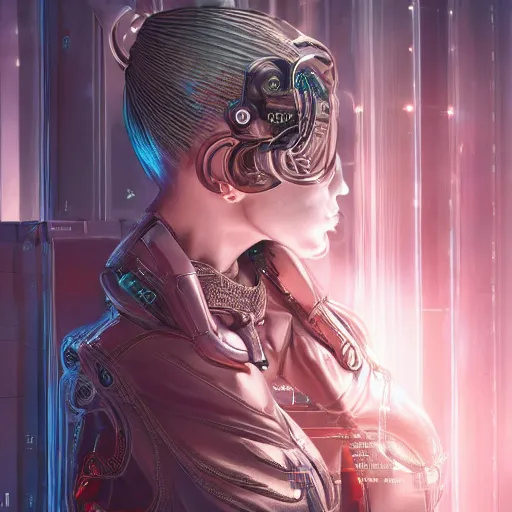 Image similar to the portrait of an absurdly beautiful, graceful, sophisticated, fashionable cyberpunk gynoid gravure idol, an ultrafine hyperdetailed illustration by kim jung gi, irakli nadar, intricate linework, neon wiring, porcelain skin, unreal engine 5 highly rendered, global illumination, radiant light, detailed and intricate environment