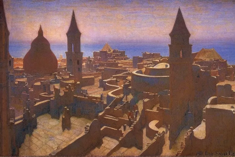 Image similar to ancient moorish city by the sea by Annie Swynnerton and Nicholas Roerich and jean delville, strong dramatic cinematic lighting , ornate painted architecture, lost civilizations, smooth, sharp focus, extremely detailed