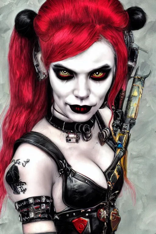 Prompt: portrait of beautiful gothic Harley Quinn, cyberpunk, Warhammer, highly detailed, artstation, illustration, art by Gustav Klimt