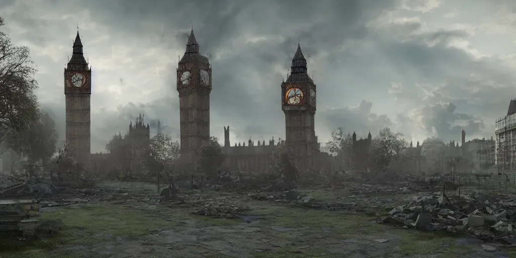 Image similar to a destroyed clock tower in a destroyed London at sunrise, ruins, clouds in the sky, concept art, octane render, unreal engine 5, trending on Artstation, high quality, 8K, soft lighting, highly detailed, trending on DeviantArt, mossy, apocaliptic, serene landscape, beautiful, cgsociety, godrays, path traced