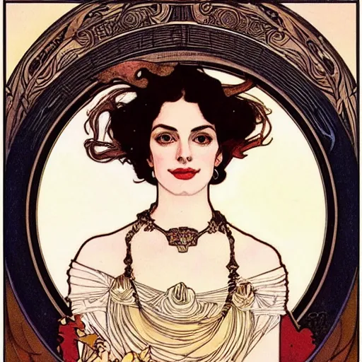 Prompt: ann hathaway portrait by louis - theophile hingre and alphonse mucha, realistic, sharp focus, zodiac signs, tarot cards, planets, ethereal, art nouveau, magic, moon, sun, crown, dreamy, royal, jewellery