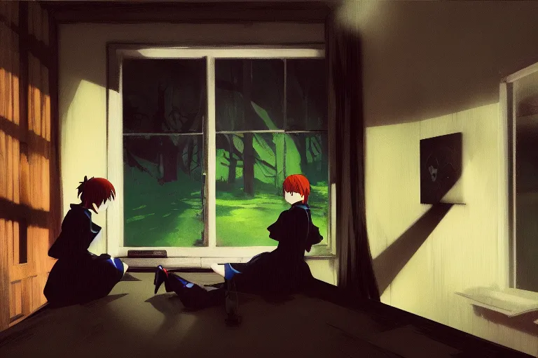 Prompt: anime key visual of anime maids found footage, spooky creepypasta, shaky trailcam, out of focus camera, style of jamie wyeth james gilleard edward hopper greg rutkowski acrylic painting, preserved museum piece, historical