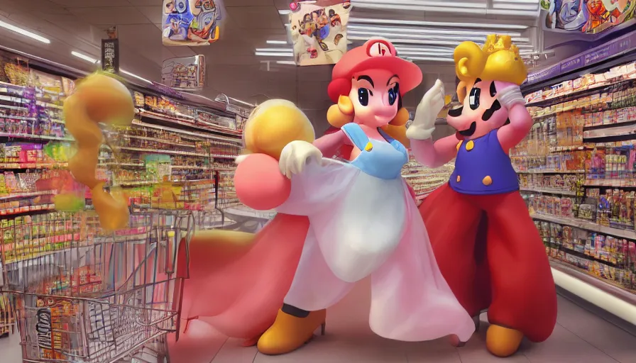 Prompt: photography of princess peach from mario in a grocery store with frock, in the mushroom kingdom, mario theme grocery store around, winter, anime style character, clean soft lighting, backlit beautiful face, clean brush stroke, 8 k character concept art, by wolp and artgerm ， 3 d