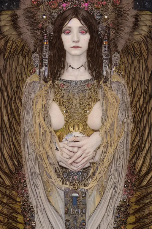 Image similar to portrait of beautiful young gothic angelic maiden, cyberpunk, highly detailed, artstation, illustration, art by Gustav Klimt
