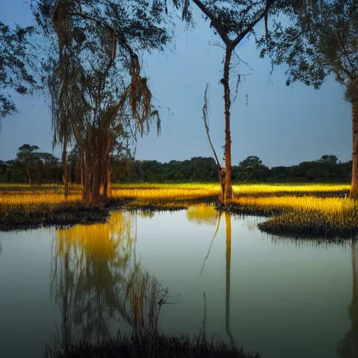 Prompt: a murky marsh with dark water yellow grass, night time, orange lights, mangrove trees, hyper realistic, national geographic photo