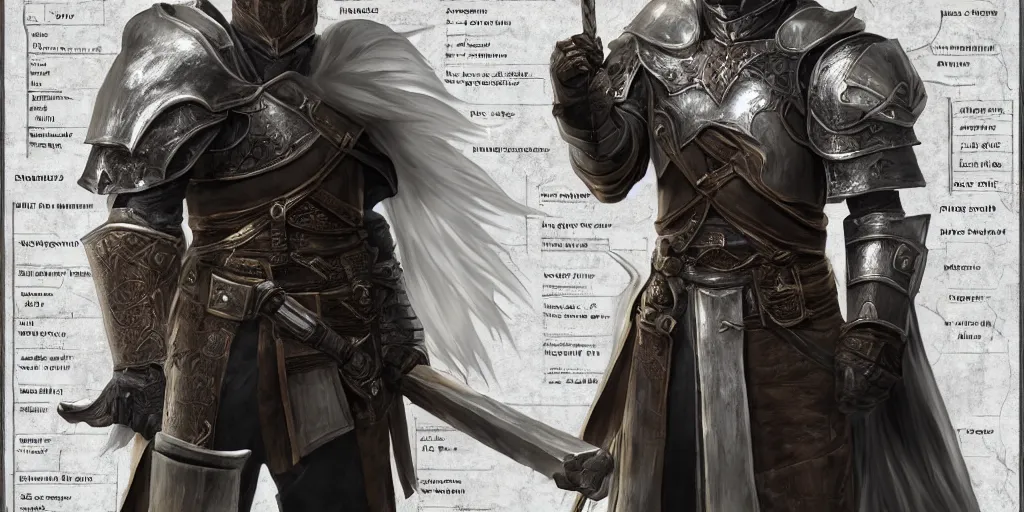 Prompt: RPG game character sheet for a character that looks like a knight, wearing armor, HDR, 4k, 8k, extremely detailed, final fantasy style, includes different angles of the character to use when they turn in the game