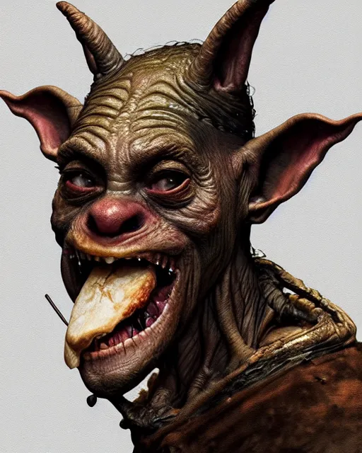 Prompt: closeup profile face portrait of a medieval goblin eating cakes in the cathedral, beautiful face, hyper realistic, highly detailed, digital painting, artstation, illustration, concept art by hyung tae, frank frazetta, bosch, giger, digital paint, matte paint, washed colors, dark, gloomy, detailed and intricate environment