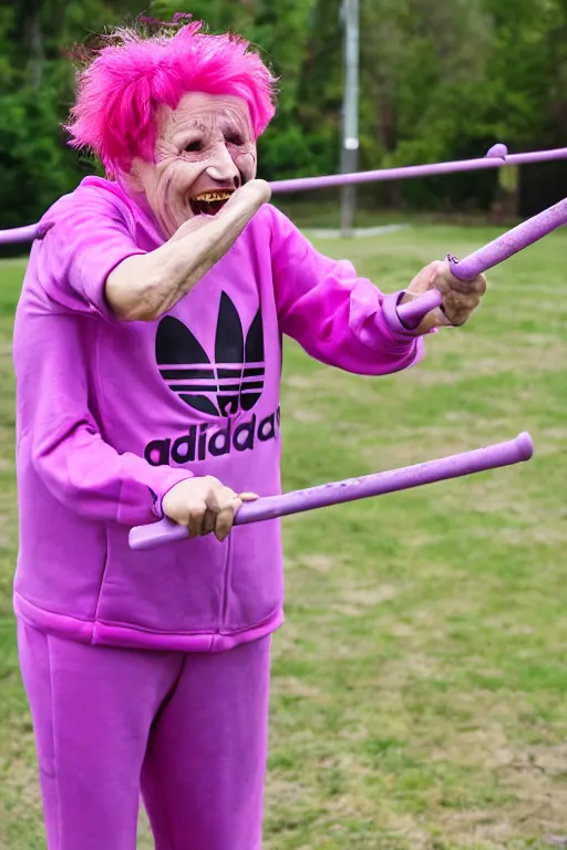 Image similar to old lady screaming and laughing, dyed hair, dressed in a pink and purple Adidas tracksuit, holding small hammers