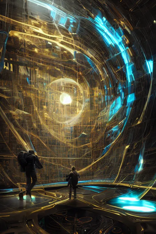 Image similar to Digital conceptl art, very highly detailed Haker that haking siting inside the giant very highly detailed computer, by Hiromasa Ogura, very highly Detailed digital concept art by Greg Rutkowski Bourdin, Dimensional Cyan Gold LED light, rendered in Octane Render, The Golden Ratio from the distance